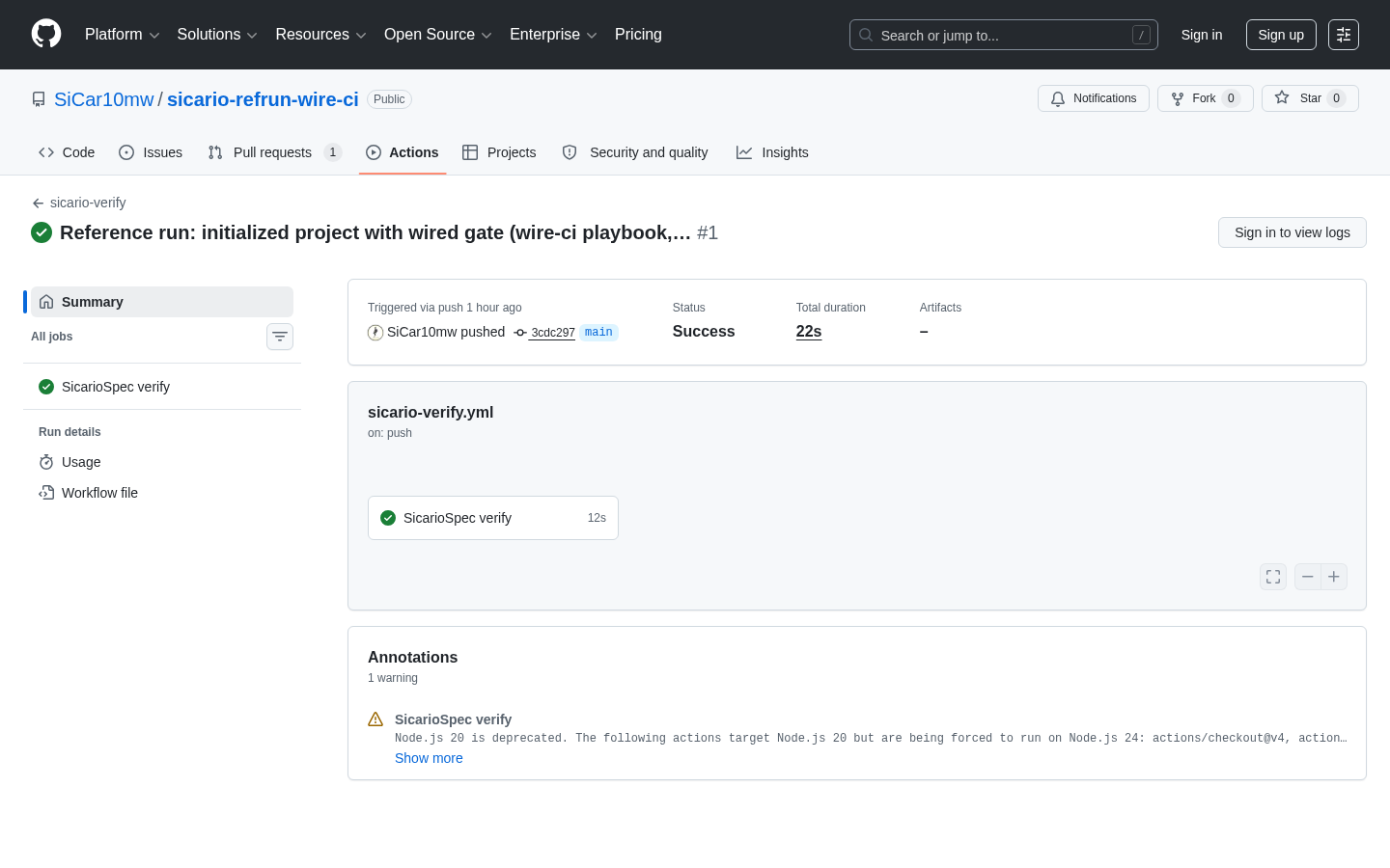 The Actions run view of the passing SicarioSpec verify job